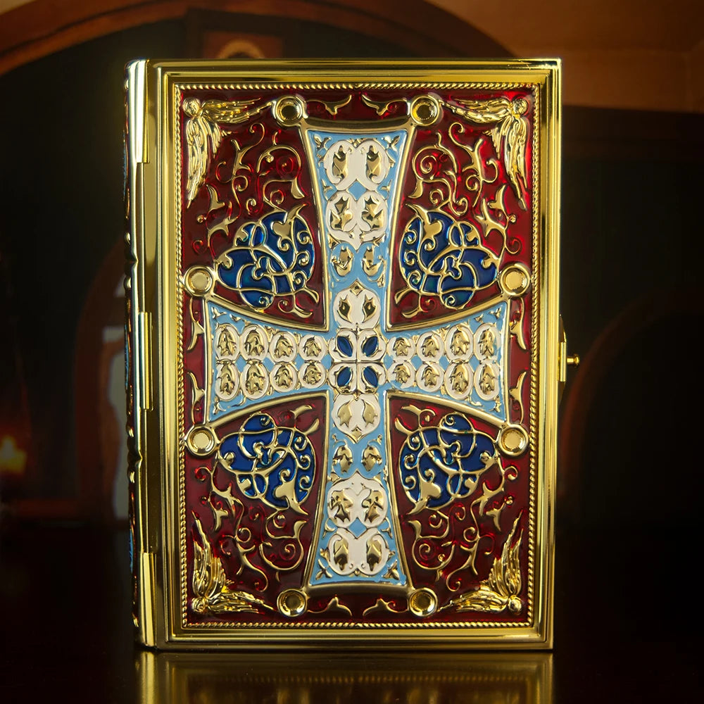 HTISOK 9.6" Orthodox Gospel Book Cover Gold Plated Enamel Trinity Icon Decorative Liturgical Orthodox Church Gospel Book Cover