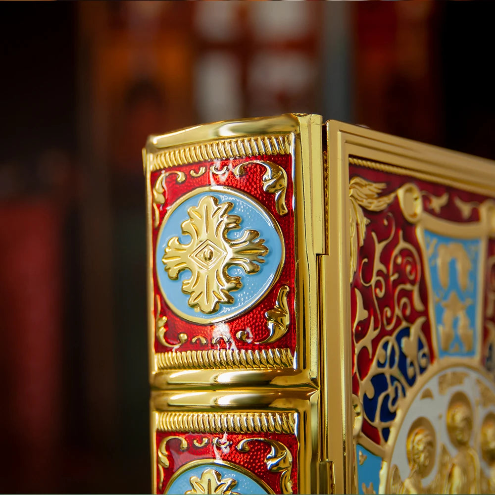 HTISOK 9.6" Orthodox Gospel Book Cover Gold Plated Enamel Trinity Icon Decorative Liturgical Orthodox Church Gospel Book Cover
