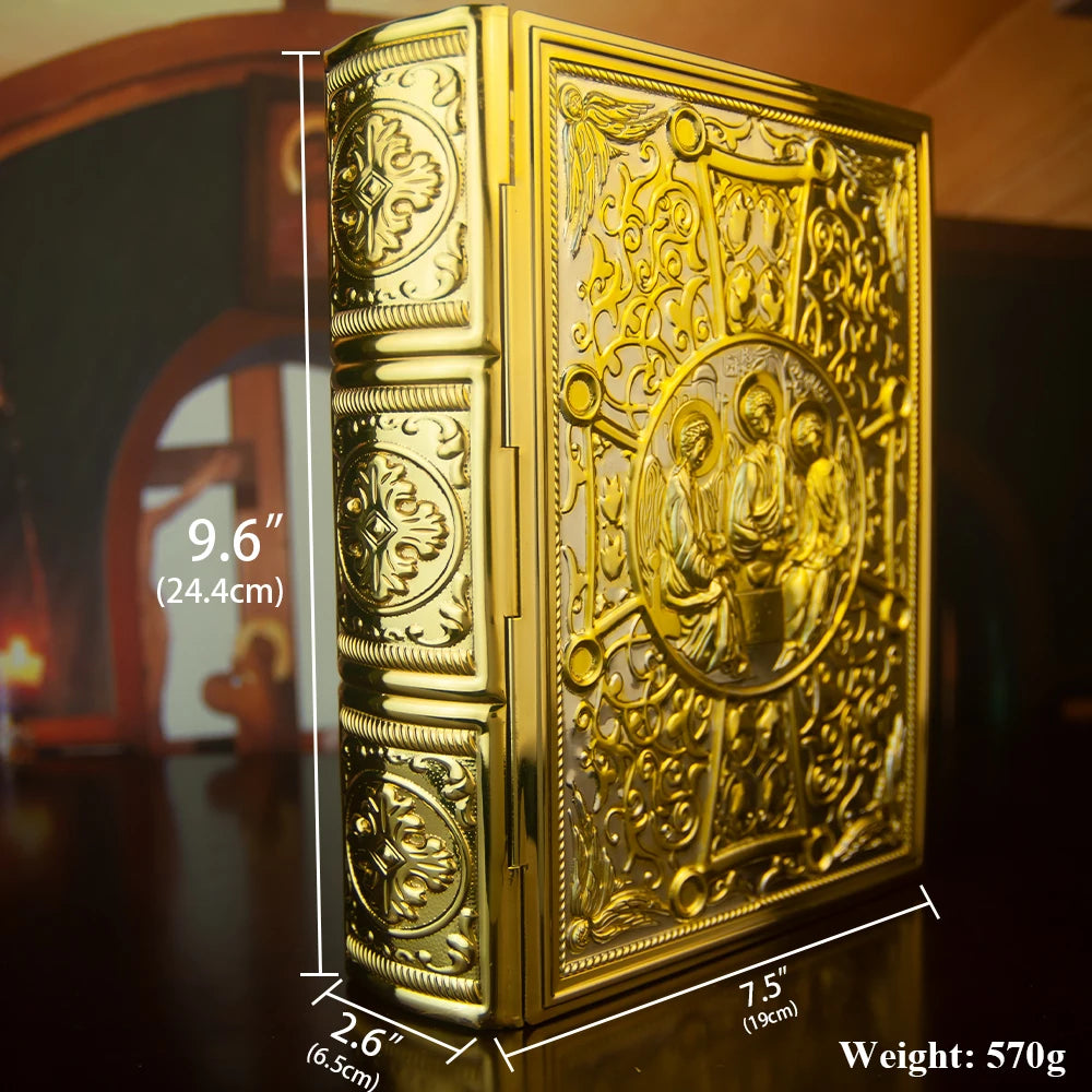 HTISOK 9.6" Orthodox Gospel Book Cover Gold Plated Enamel Trinity Icon Decorative Liturgical Orthodox Church Gospel Book Cover