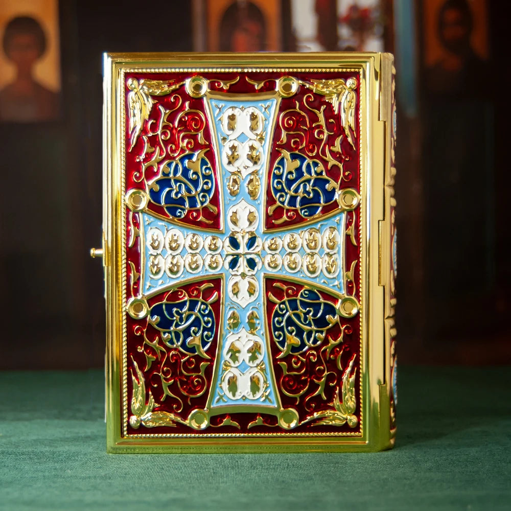 HTISOK 9.6" Orthodox Gospel Book Cover Gold Plated Enamel Trinity Icon Decorative Liturgical Orthodox Church Gospel Book Cover