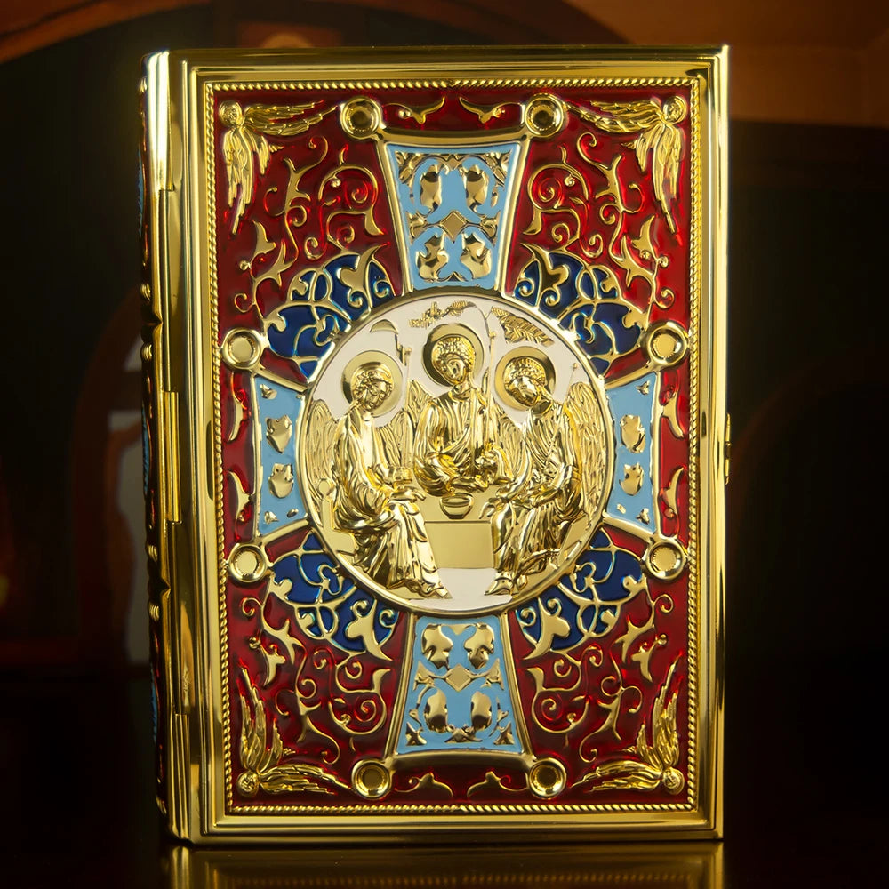 HTISOK 9.6" Orthodox Gospel Book Cover Gold Plated Enamel Trinity Icon Decorative Liturgical Orthodox Church Gospel Book Cover