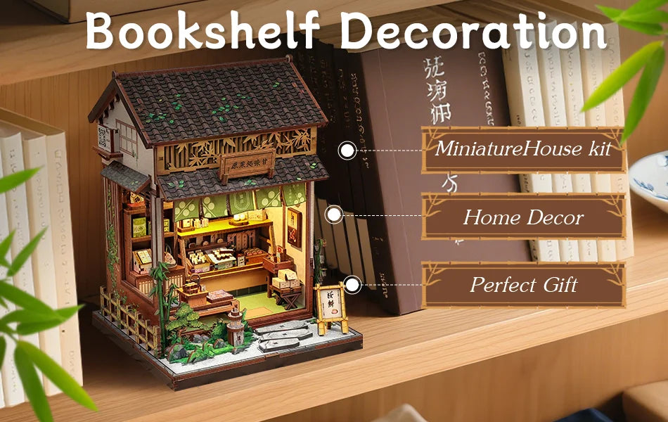 Cutebee DIY Book Nook Kit Miniature Dollhouse Bookshelf Insert Wooden Bookend 3D Building Model for Kid Gifts Japanese Style