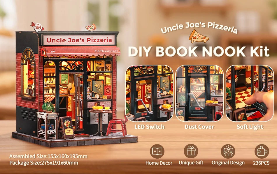 CUTEBEE Book Nook Kit DIY Doll House with LED Light Bookshelf Insert Uncle Joe's Pizzeria Miniature Model For Party Family Gift
