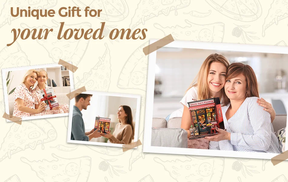 CUTEBEE Book Nook Kit DIY Doll House with LED Light Bookshelf Insert Uncle Joe's Pizzeria Miniature Model For Party Family Gift