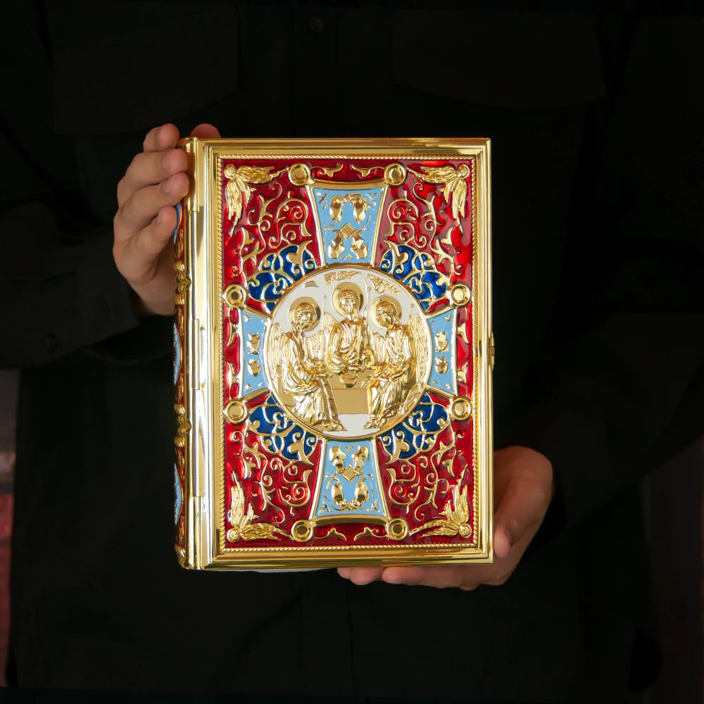 HTISOK 9.6" Orthodox Gospel Book Cover Gold Plated Enamel Trinity Icon Decorative Liturgical Orthodox Church Gospel Book Cover