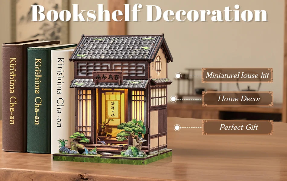 Cutebee DIY Book Nook Kit Miniature Dollhouse Bookshelf Insert Wooden Bookend 3D Building Model for Kid Gifts Japanese Style