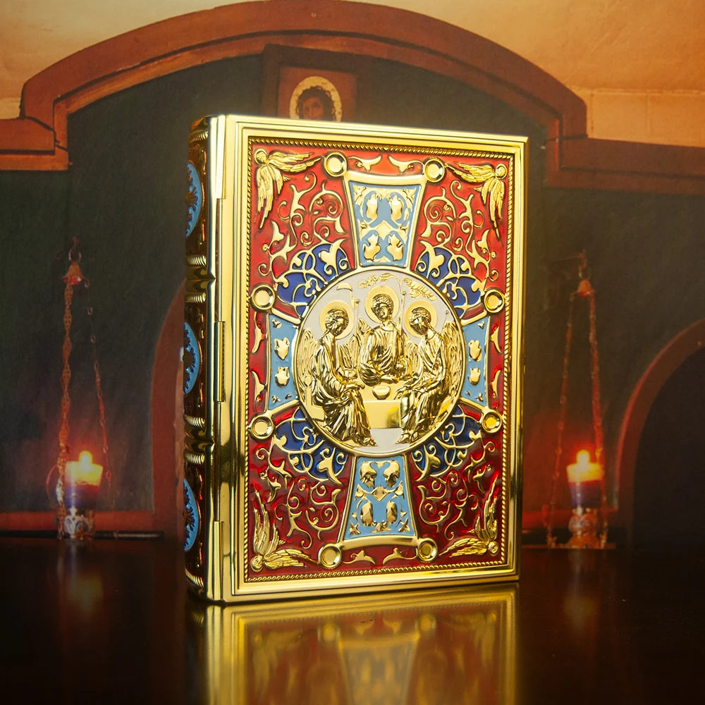 HTISOK 9.6" Orthodox Gospel Book Cover Gold Plated Enamel Trinity Icon Decorative Liturgical Orthodox Church Gospel Book Cover