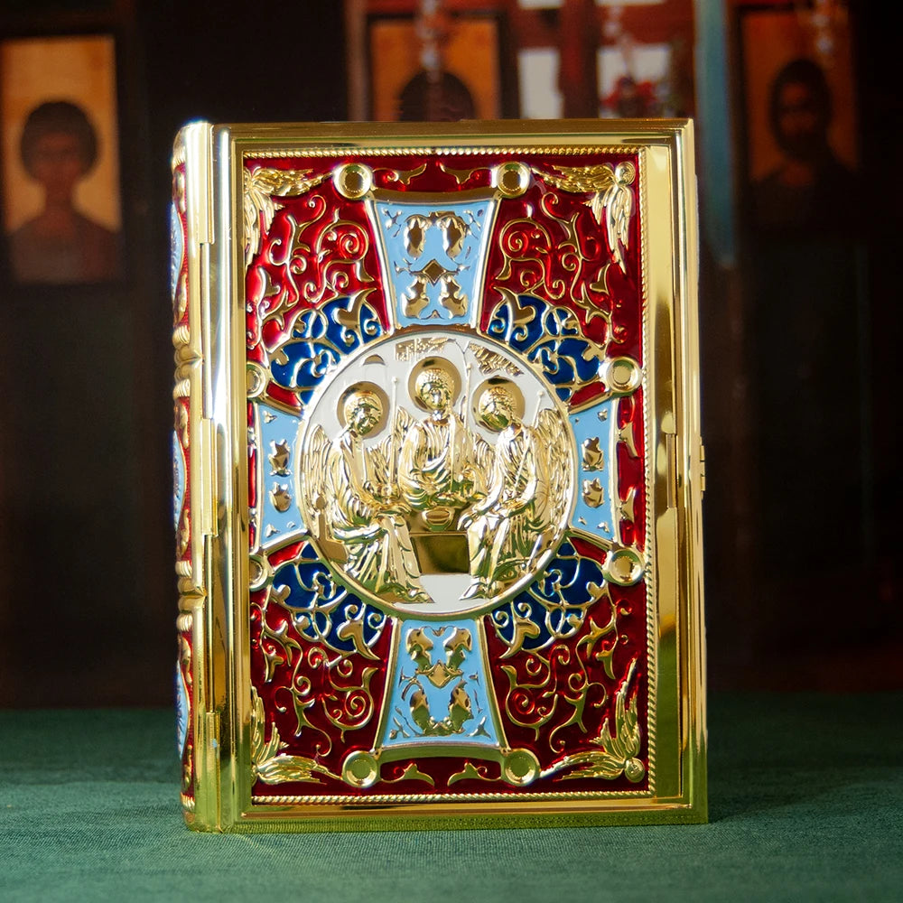 HTISOK 9.6" Orthodox Gospel Book Cover Gold Plated Enamel Trinity Icon Decorative Liturgical Orthodox Church Gospel Book Cover