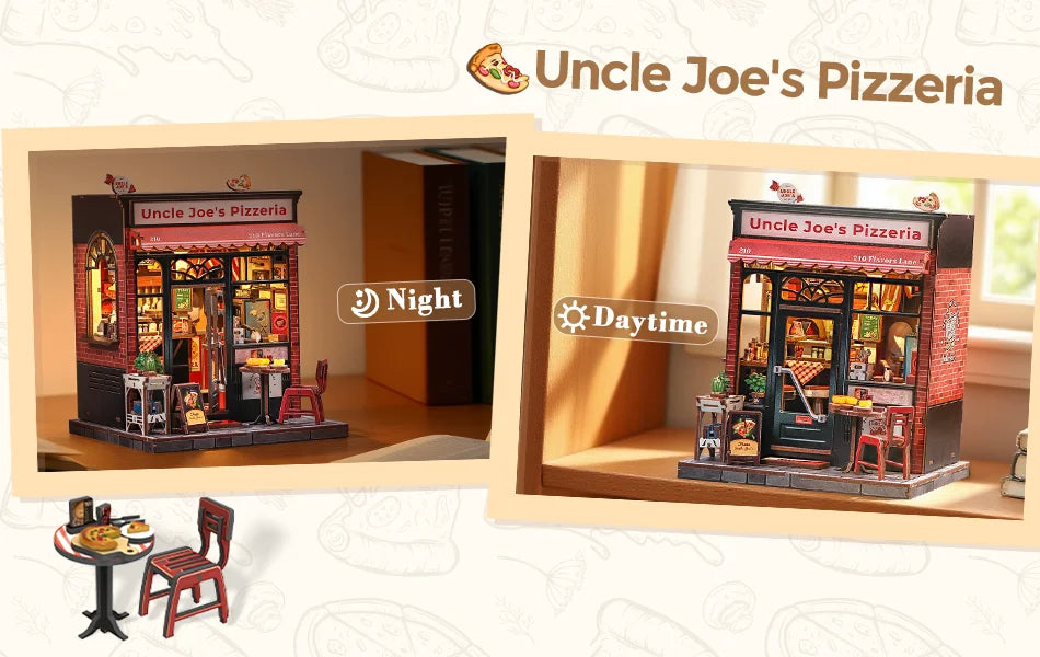 CUTEBEE Book Nook Kit DIY Doll House with LED Light Bookshelf Insert Uncle Joe's Pizzeria Miniature Model For Party Family Gift