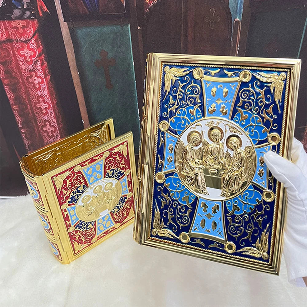 HTISOK 9.6" Orthodox Gospel Book Cover Gold Plated Enamel Trinity Icon Decorative Liturgical Orthodox Church Gospel Book Cover