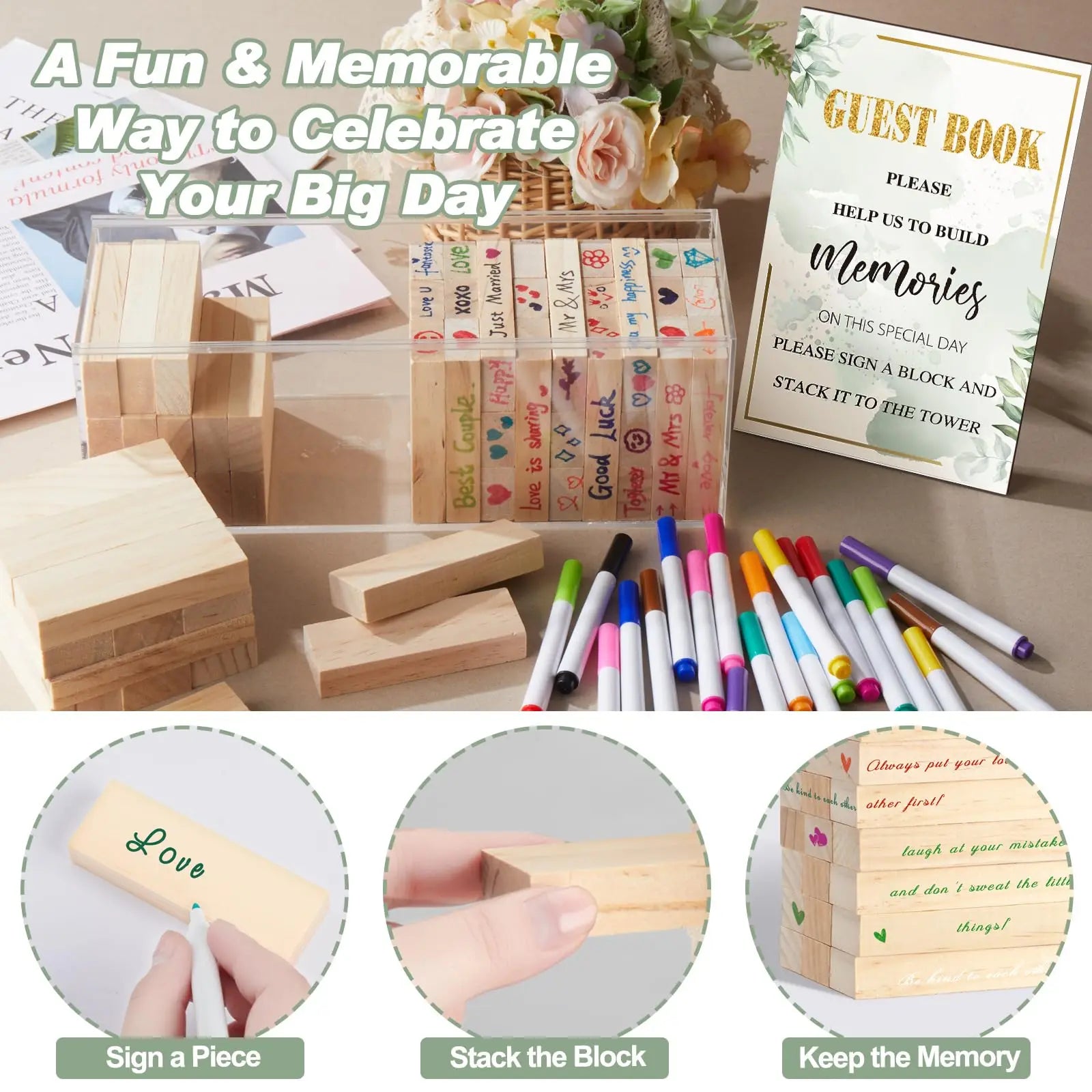 54-108pcs Wedding Guest Book Alternative Wooden Blocks Wedding Books for Guests to Sign Baby Shower Game Wedding Registry Ideas