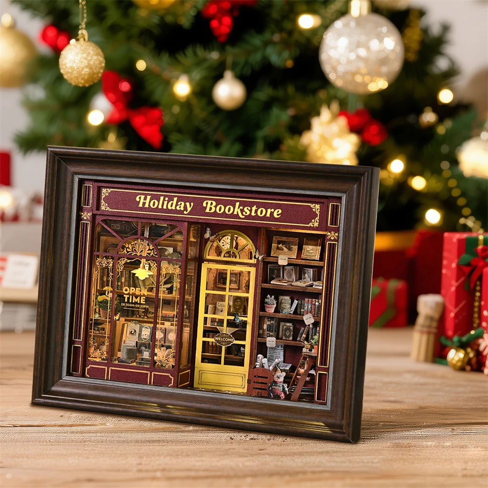 Book Nook Kit Holiday Bookstore DIY 3D Wooden Puzzle Dollhouse Photo frame ornament Model Bookend Building Home Decoration